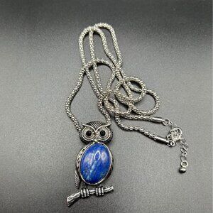 Owl Necklace Large Chain over 24 inches oval lapis silver tone